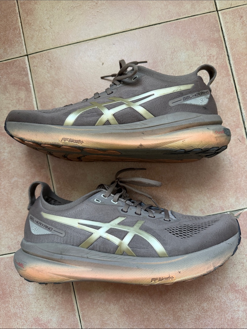 ASICS Gel-Kayano 31 Luxe taupe and metallic gold running sneakers Men’s 11